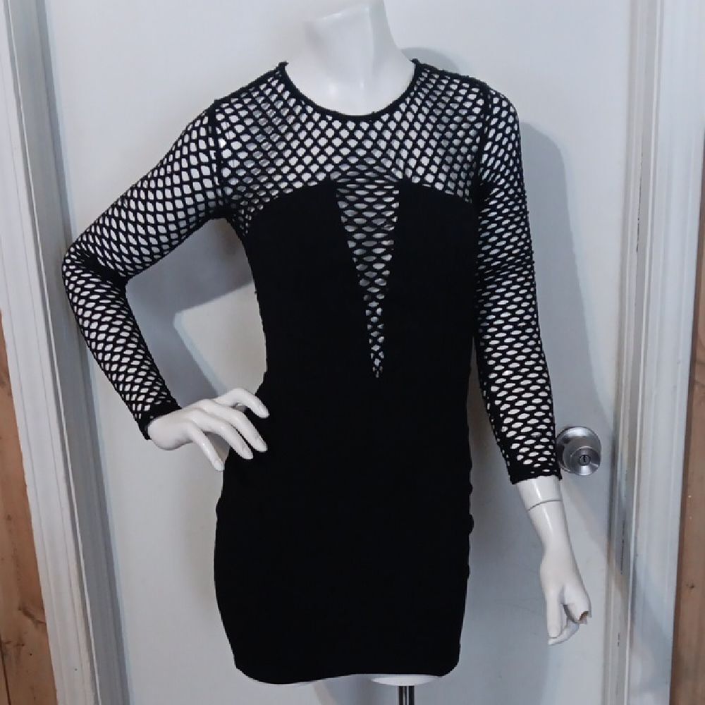 Elegant Black Long Sleeves Mesh Dress Size Small